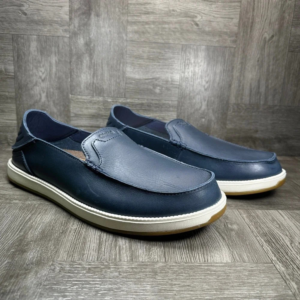 OluKai Kakaha Nia Mens 10.5 Navy Blue Leather Slip On Loafers NEW